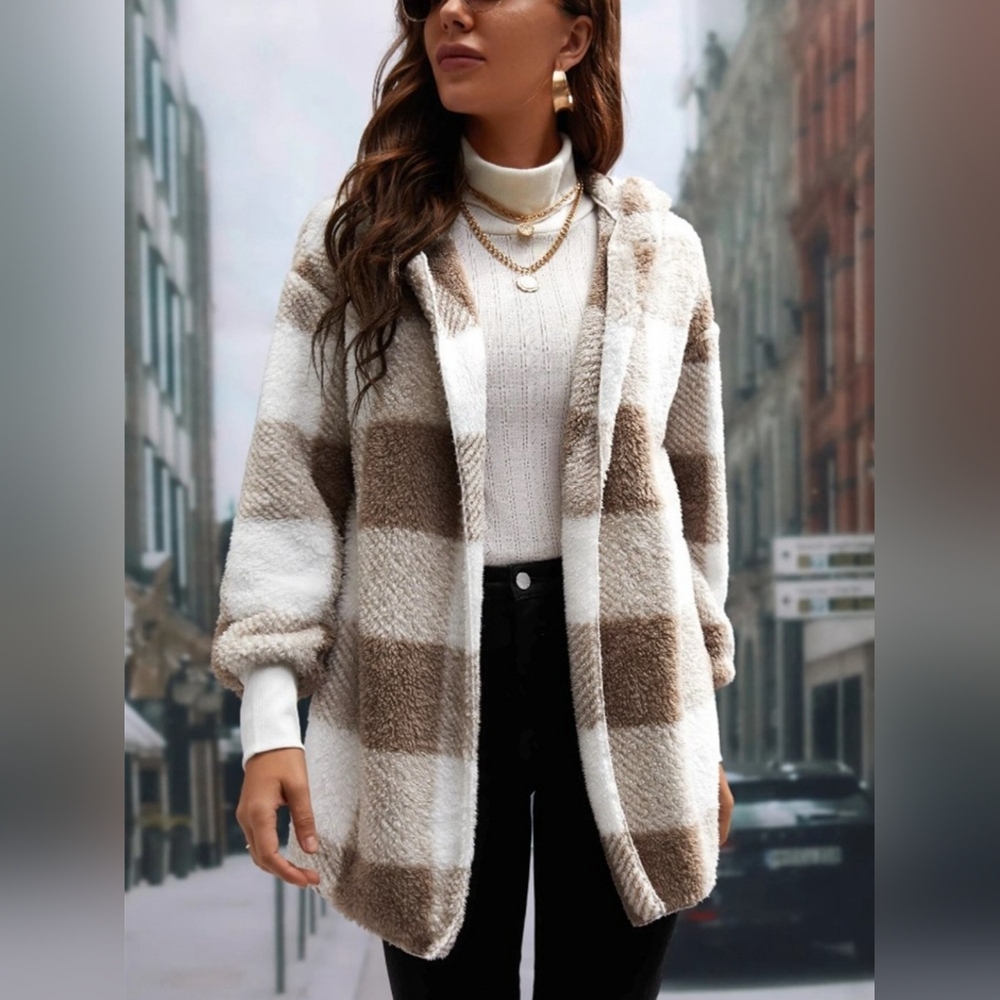 Plaid Long Sleeve Hooded Coat - Picture 1 of 7